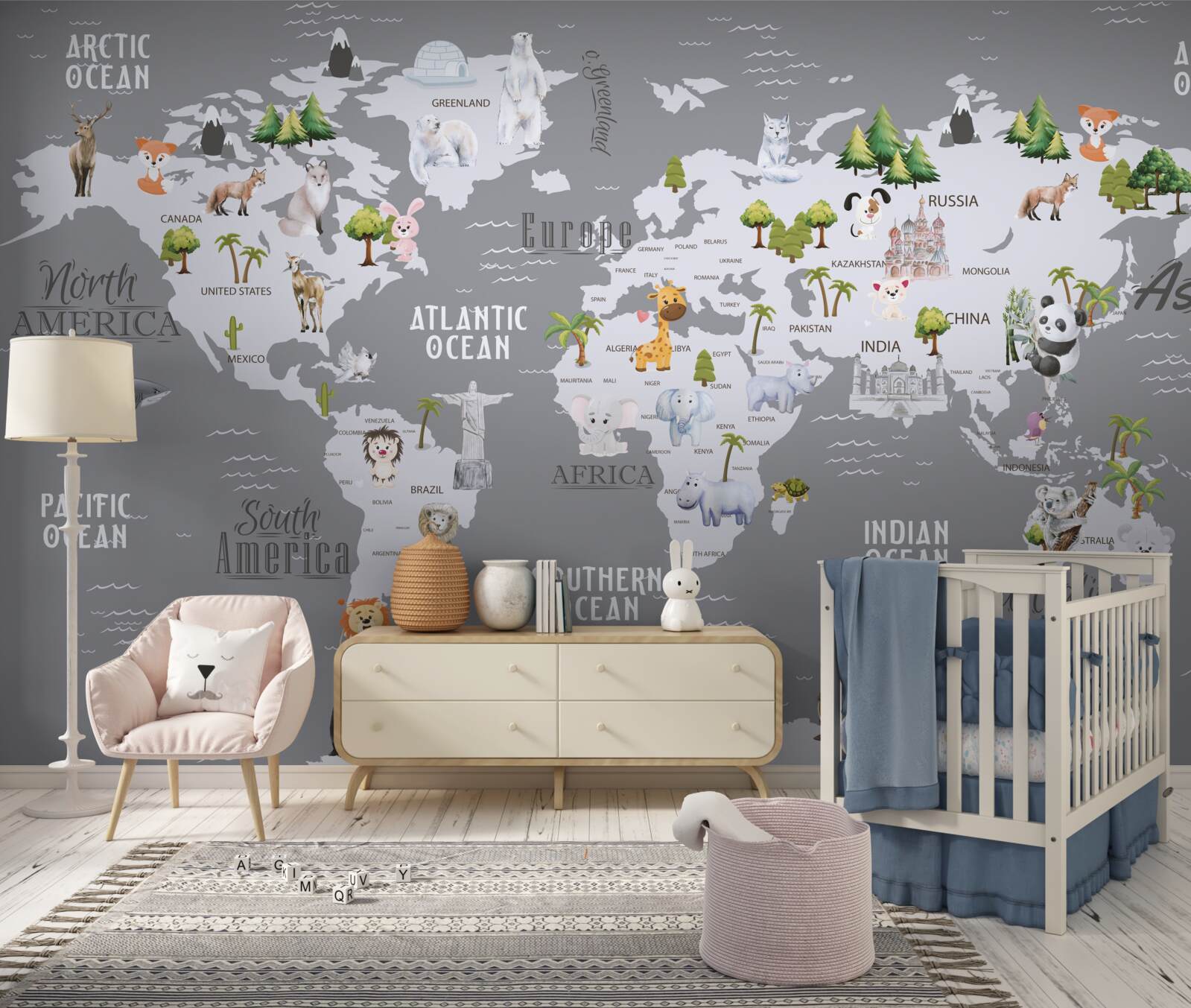 Fototapeta mapa sveta s hlavnými obyvateľmi a významnými pamiatkami