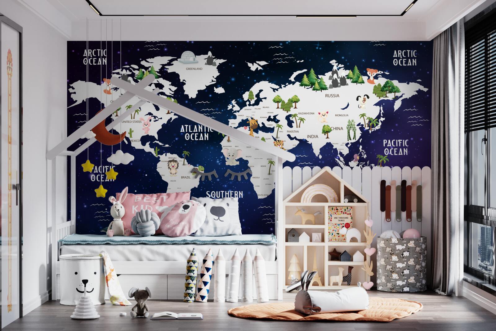 Fototapeta mapa sveta v noci s vyznačenými oceánmi