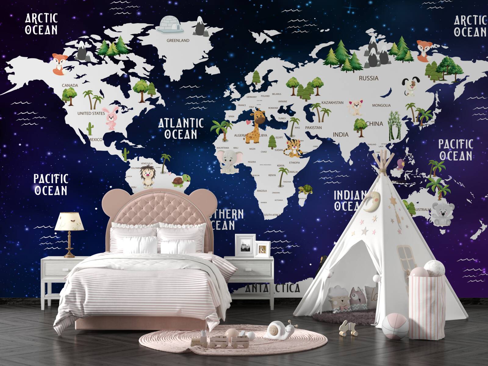 Fototapeta mapa sveta v noci s vyznačenými oceánmi