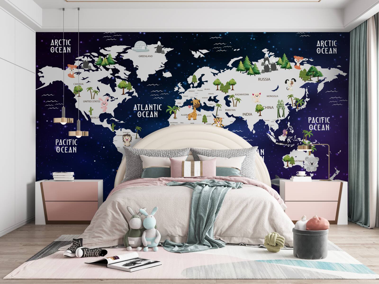 Fototapeta mapa sveta v noci s vyznačenými oceánmi