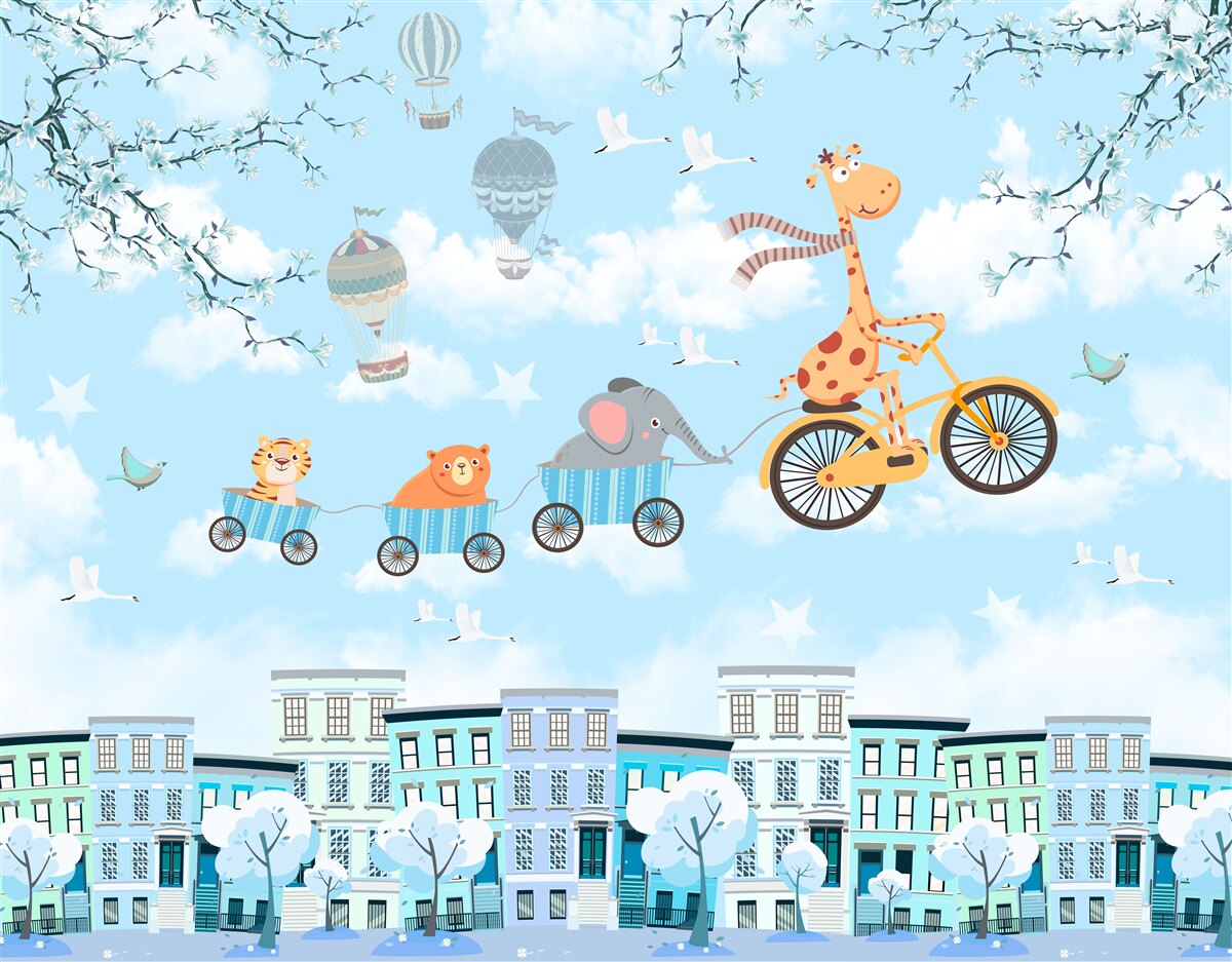 Fototapeta skupina mladých priateľov so žirafou sa vracia domov