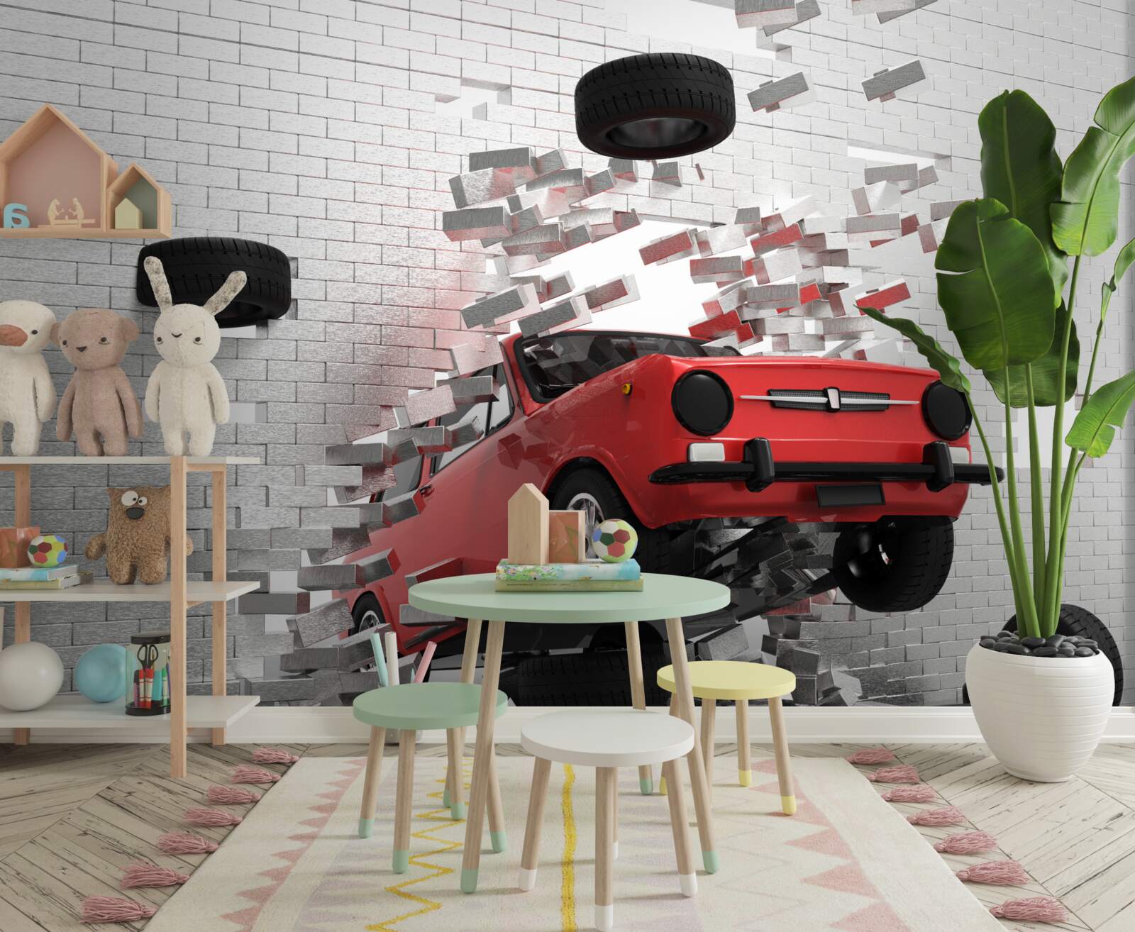 Fototapeta auto prerazí tehlový múr