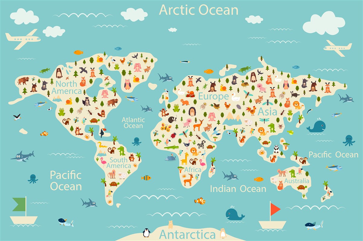 Fototapeta mapa sveta s počtom obyvateľov a prírodnými prvkami
