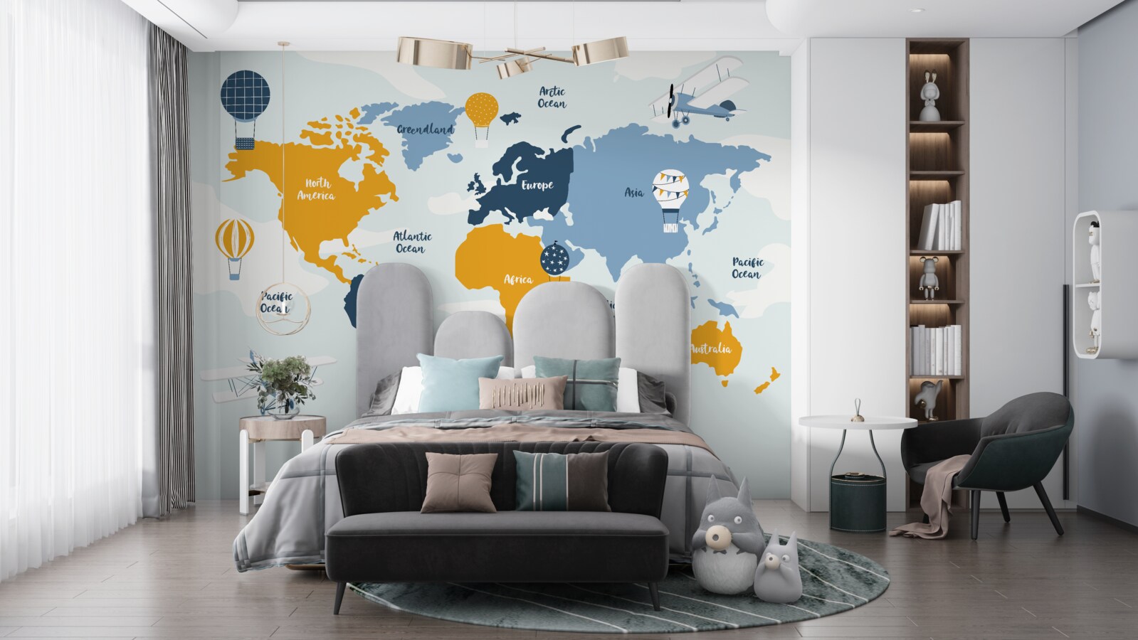 Fototapeta mapa sveta s farebnými názvami kontinentov