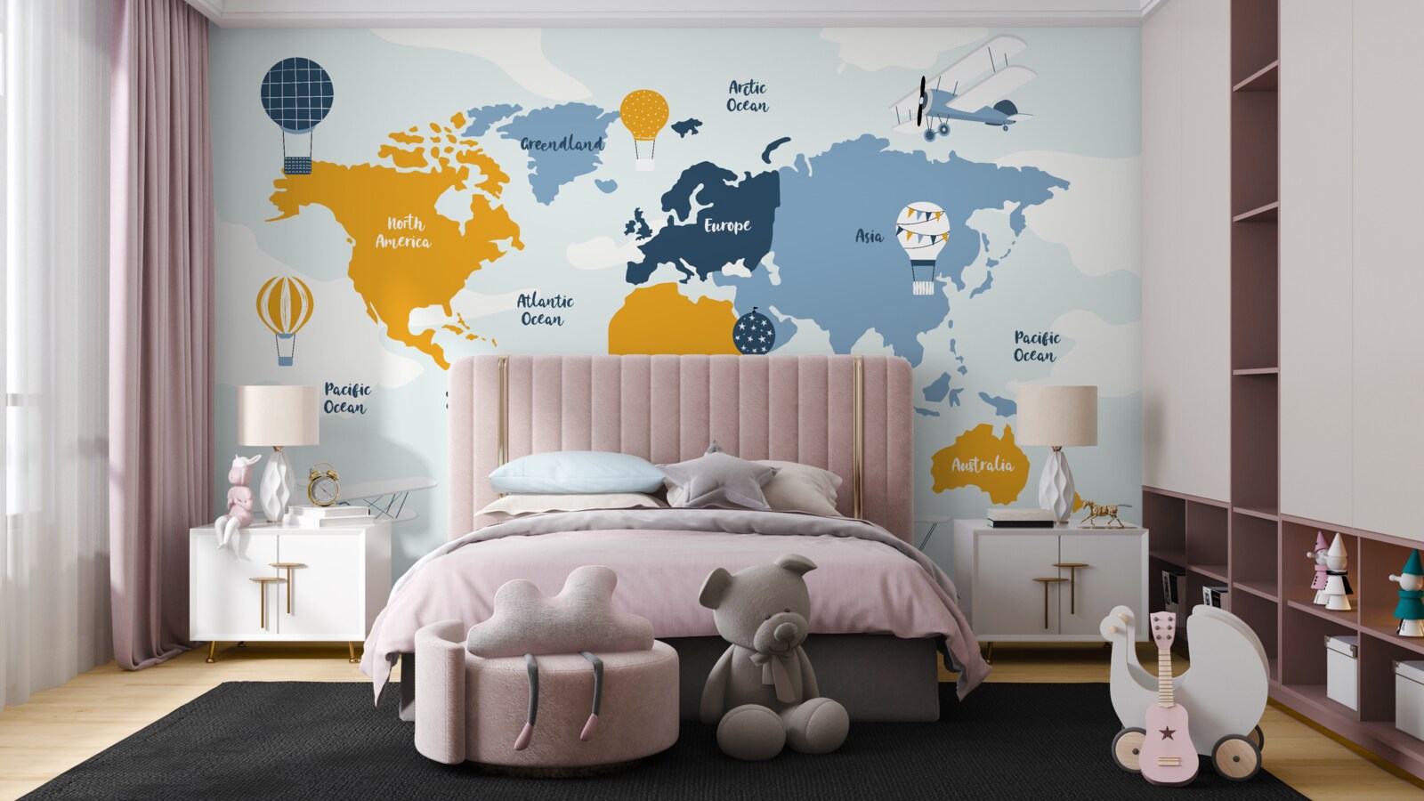 Fototapeta mapa sveta s farebnými názvami kontinentov