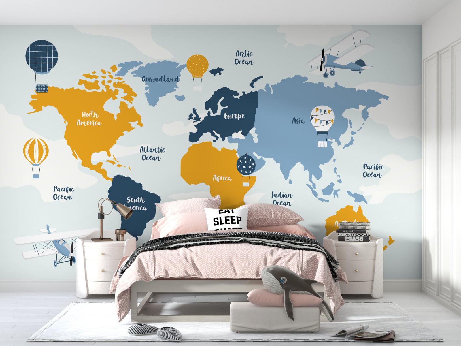 Fototapeta mapa sveta s farebnými názvami kontinentov