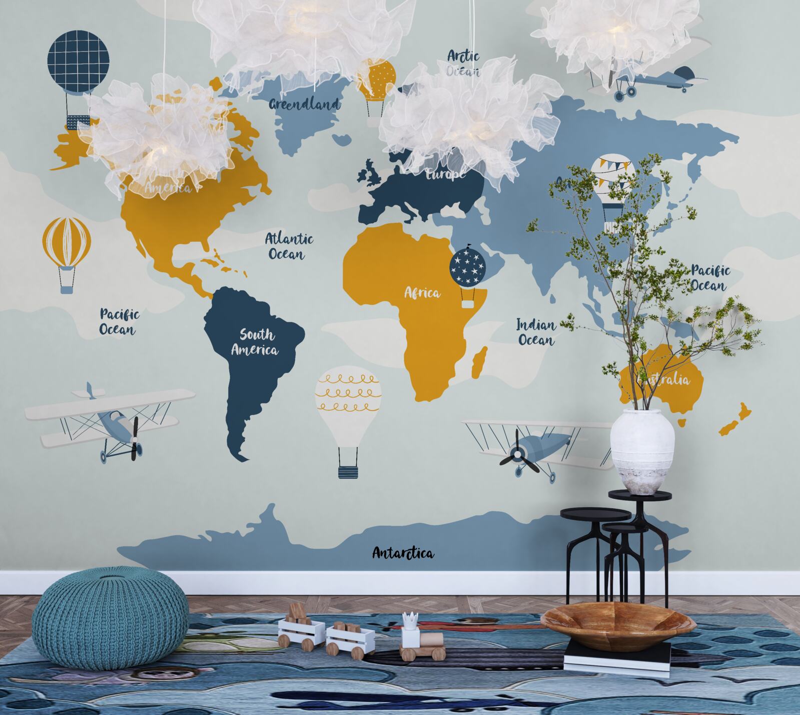 Fototapeta mapa sveta s farebnými názvami kontinentov