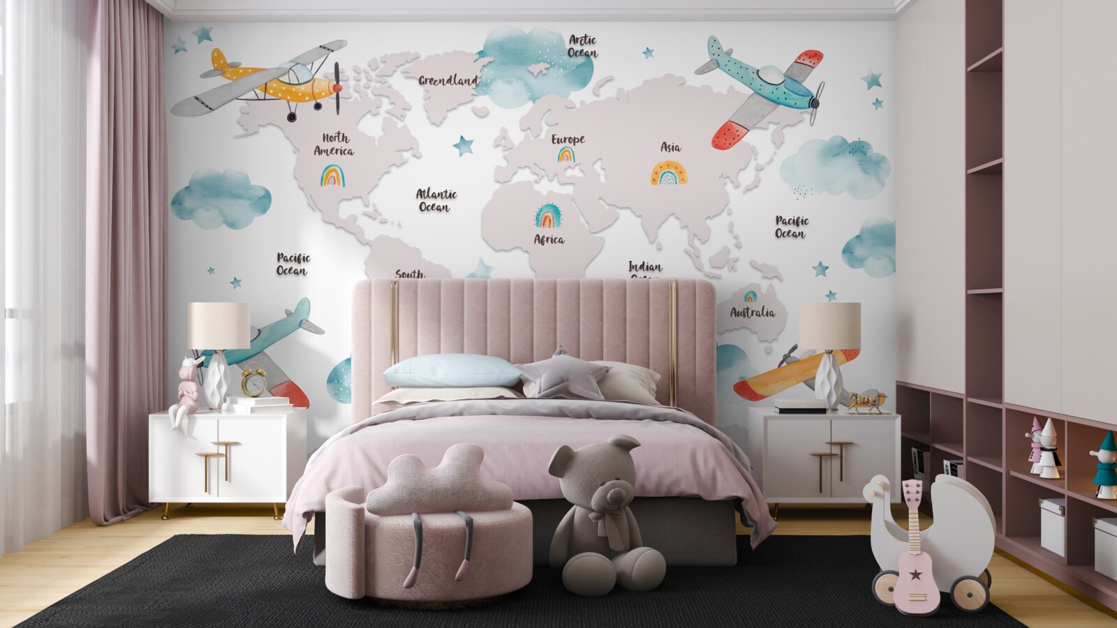 Fototapeta názvy kontinentov a rovín na mape planét