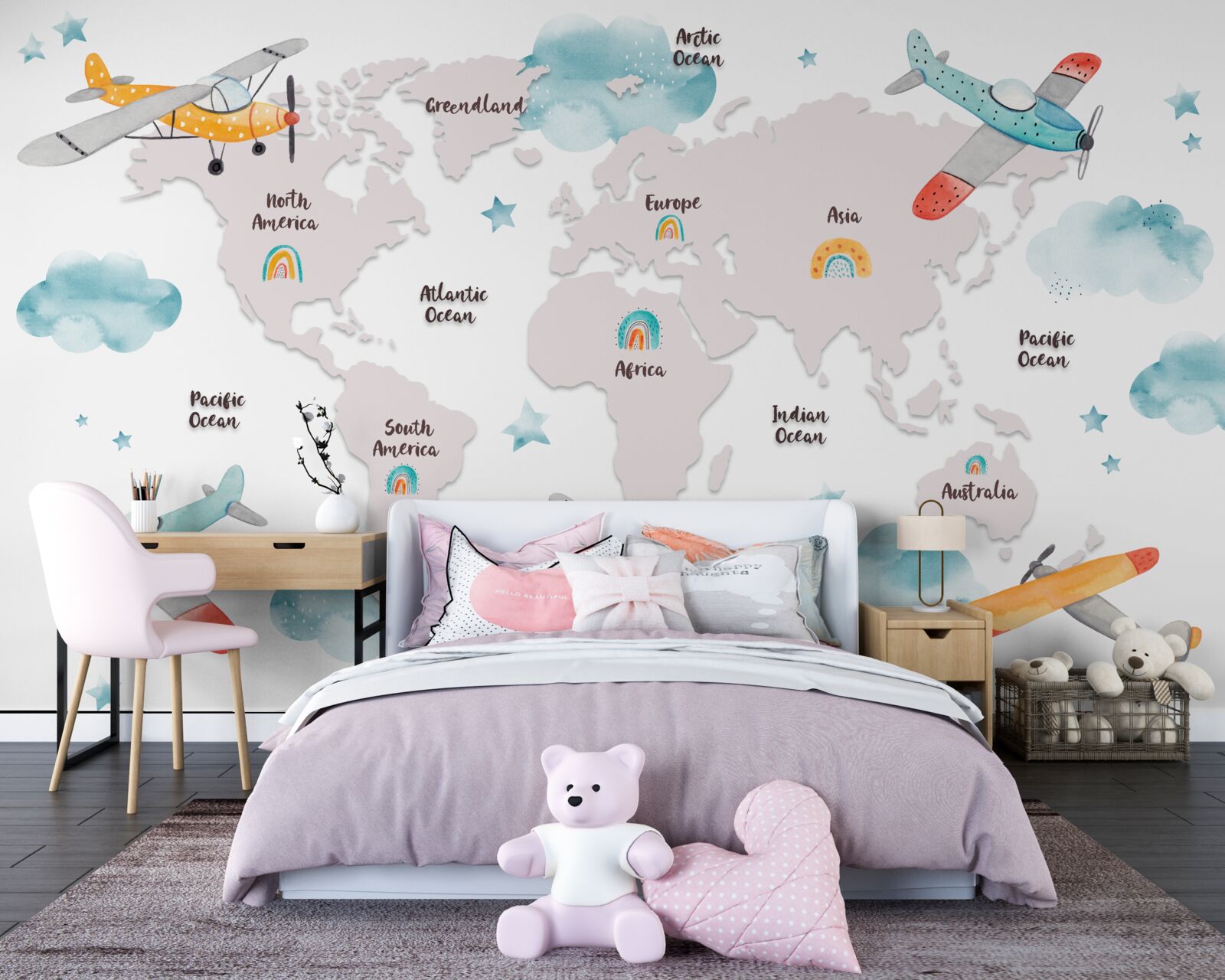 Fototapeta názvy kontinentov a rovín na mape planét