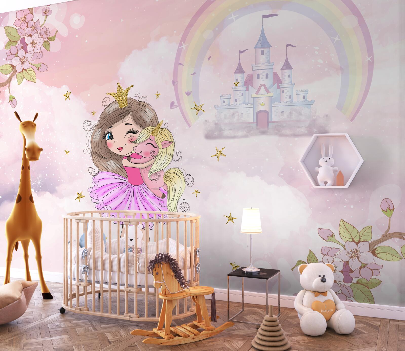 Fototapeta neďaleko hradu je víla a jej kamarát jednorožec