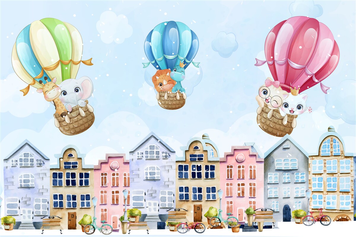 Fototapeta zvieratá lietajú nad mestom, balansujú na loptičkách