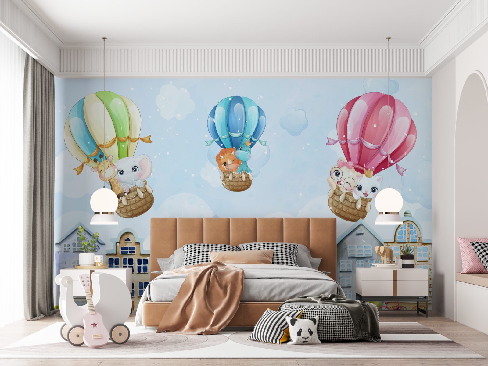 Fototapeta zvieratá lietajú nad mestom, balansujú na loptičkách