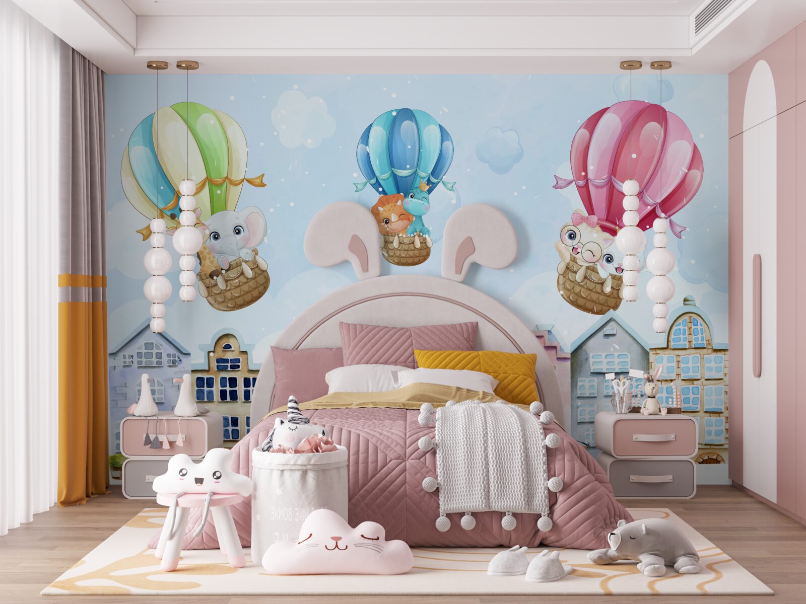 Fototapeta zvieratá lietajú nad mestom, balansujú na loptičkách