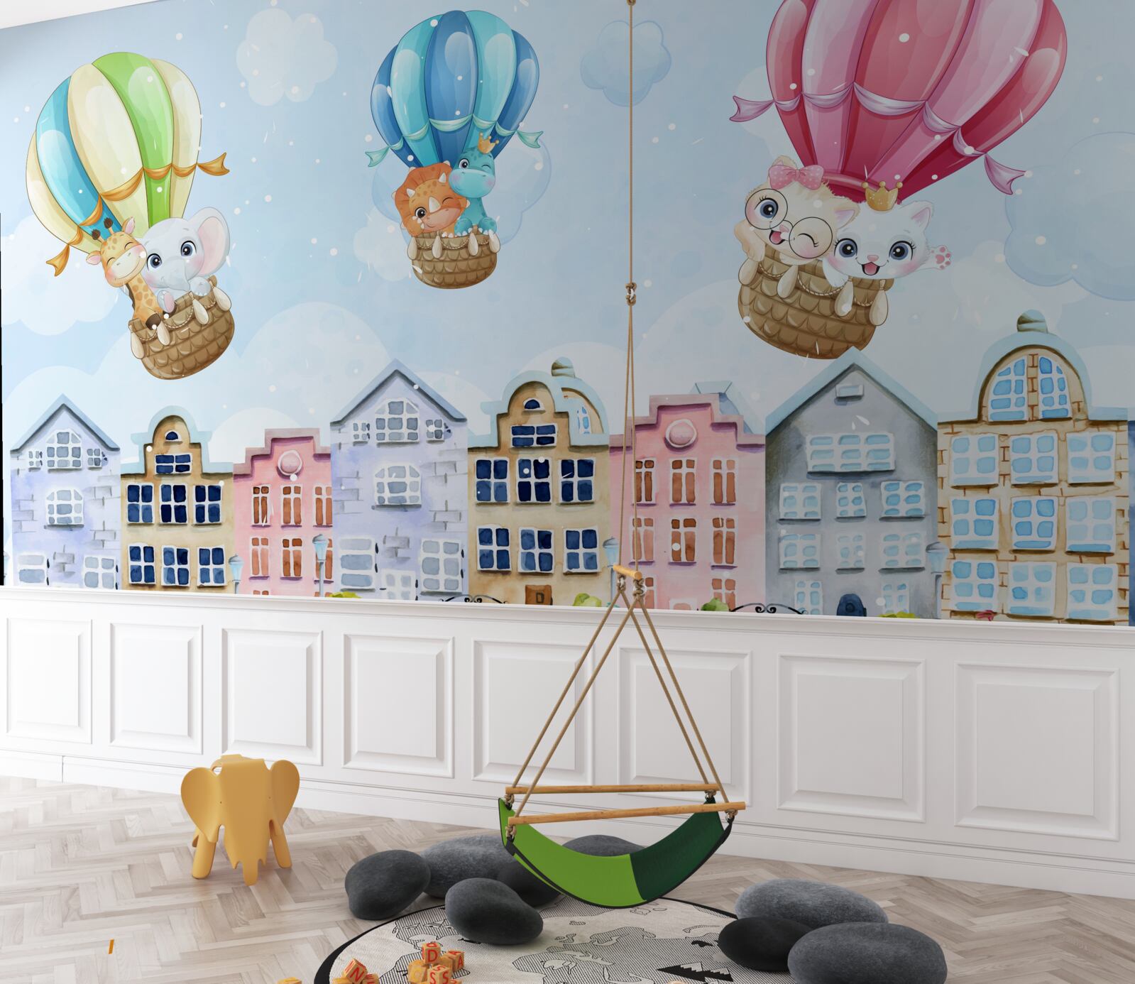 Fototapeta zvieratá lietajú nad mestom, balansujú na loptičkách