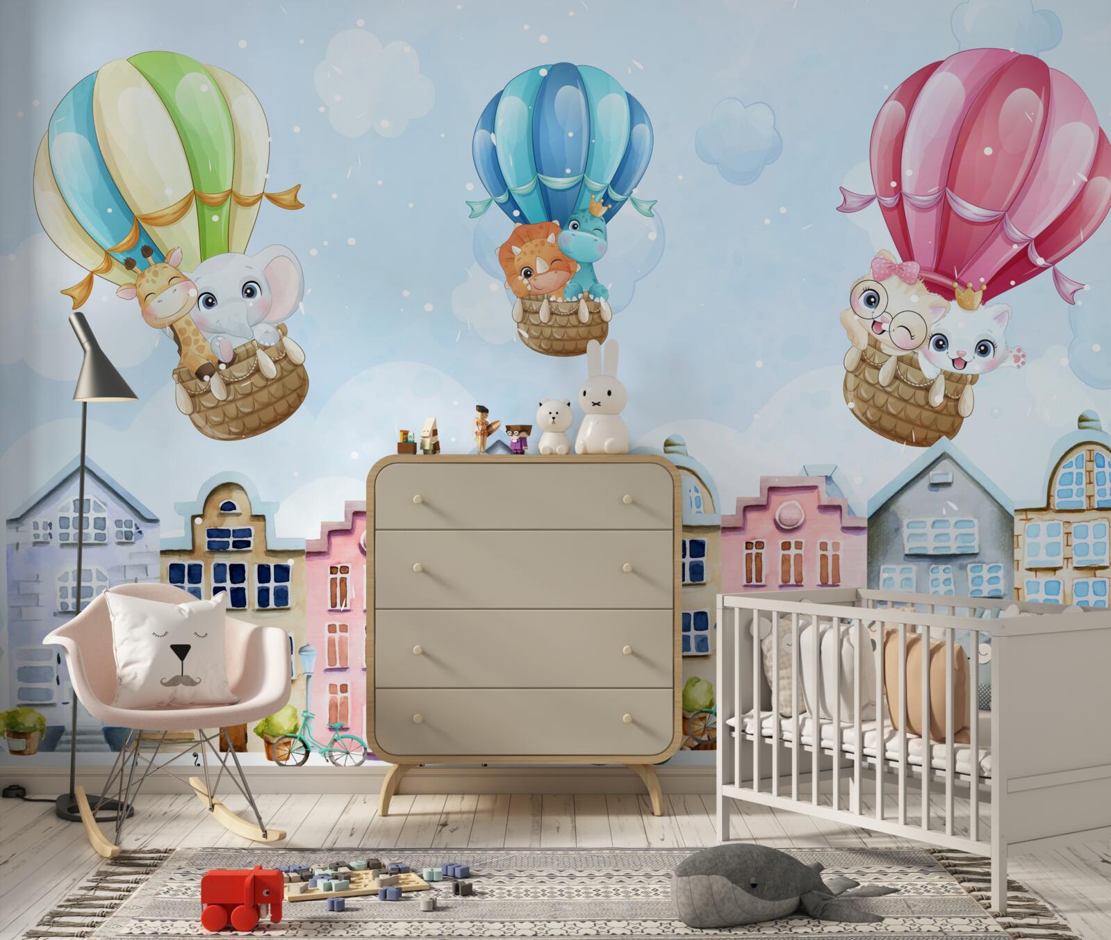 Fototapeta zvieratá lietajú nad mestom, balansujú na loptičkách