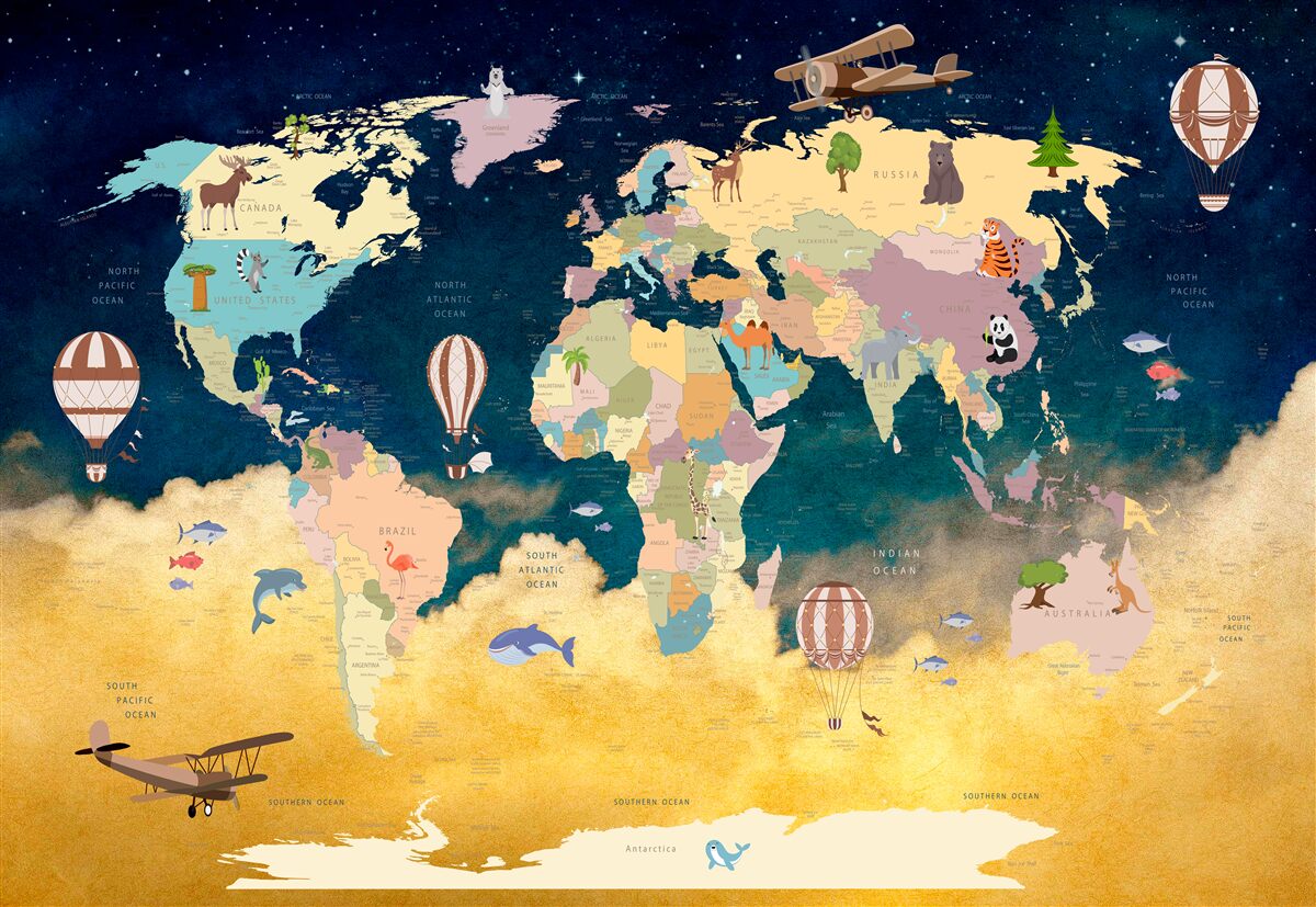 Fototapeta mapa sveta v modrej a žltej farbe