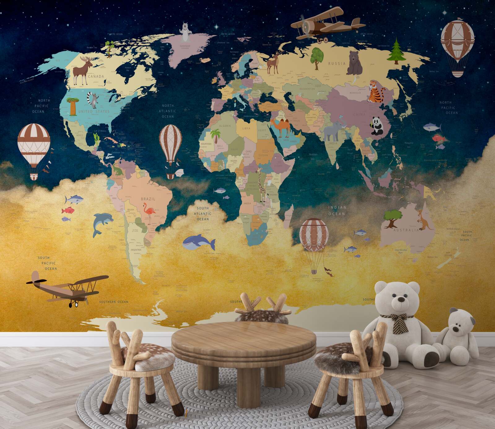 Fototapeta mapa sveta v modrej a žltej farbe