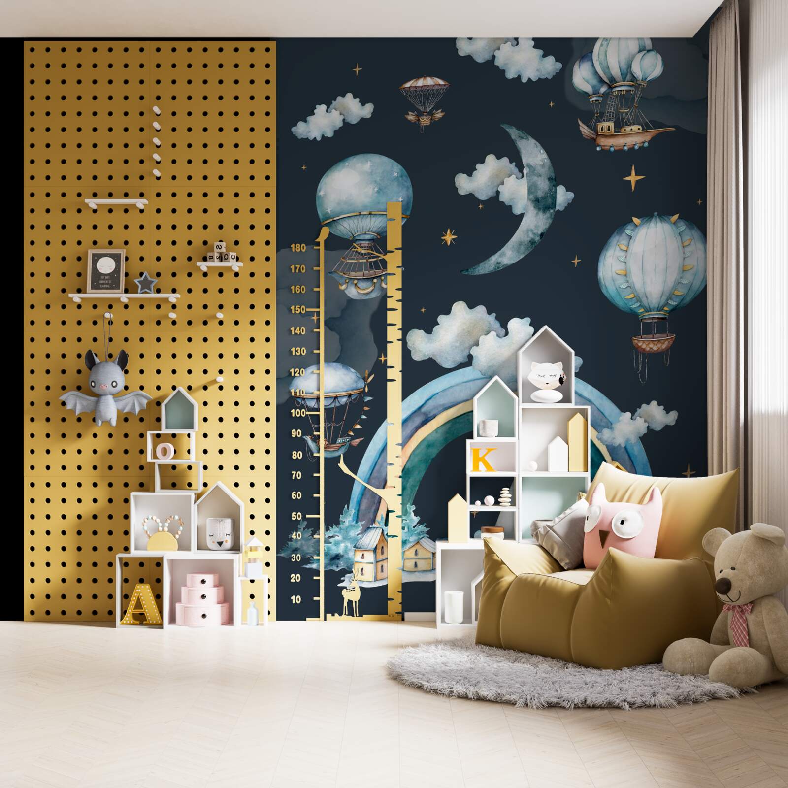 Fototapeta rozprávkový dom, ktorý sa nachádza na úpätí hory pod dúhou