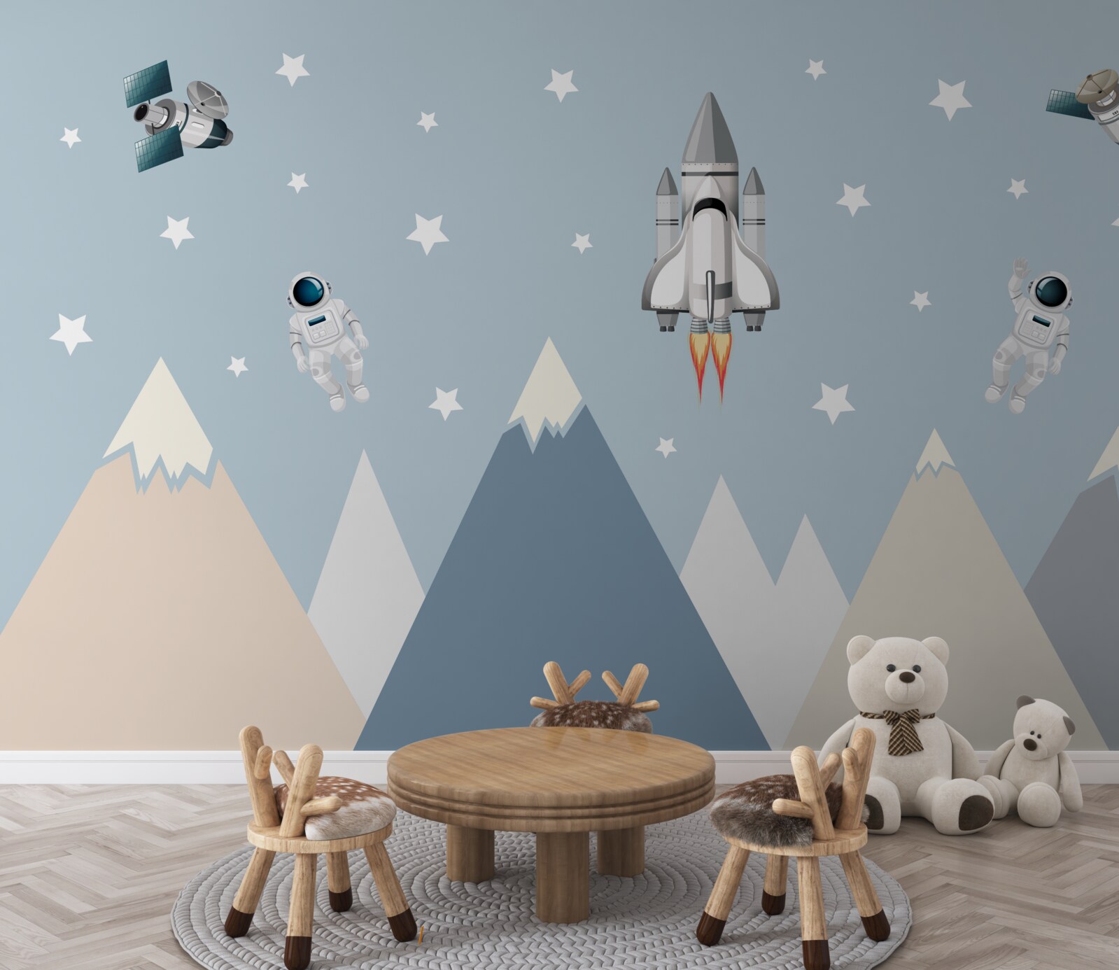 Fototapeta rakety a astronauti lietali nad horami