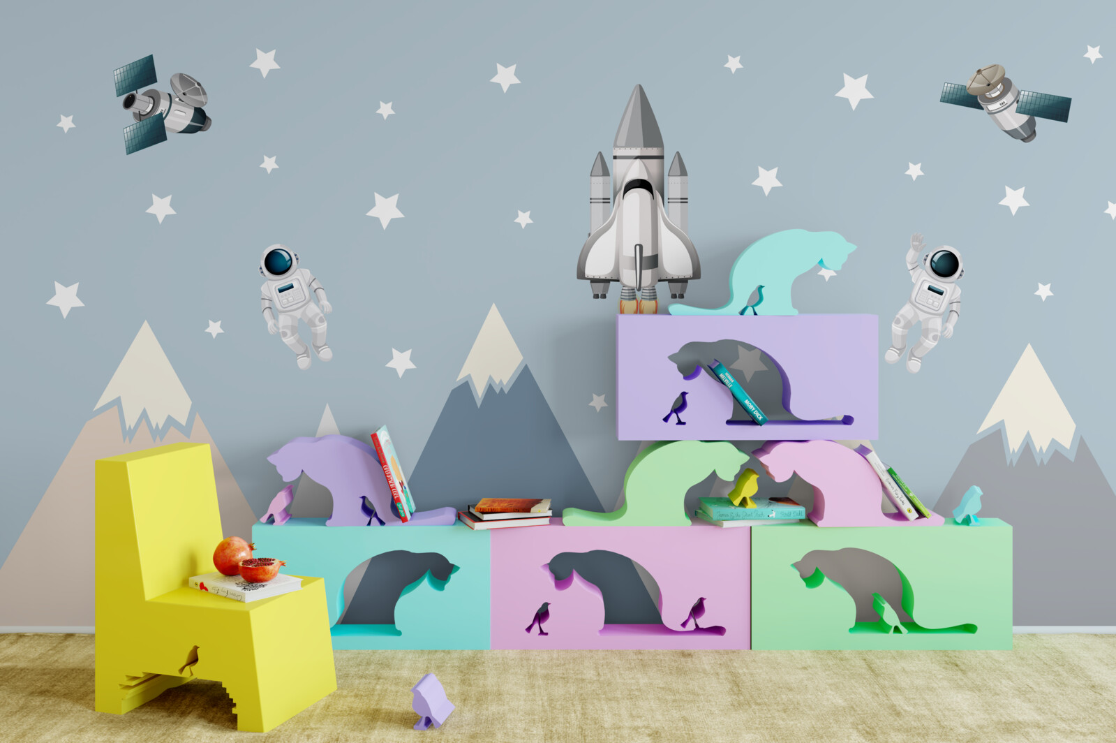 Fototapeta rakety a astronauti lietali nad horami