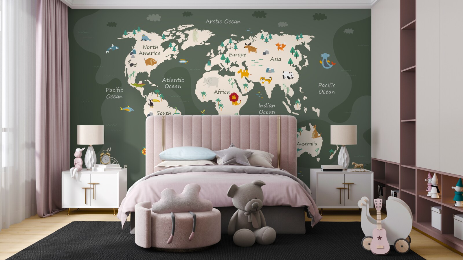 Fototapeta mapa sveta v noci s obrázkami kľúčových zvierat