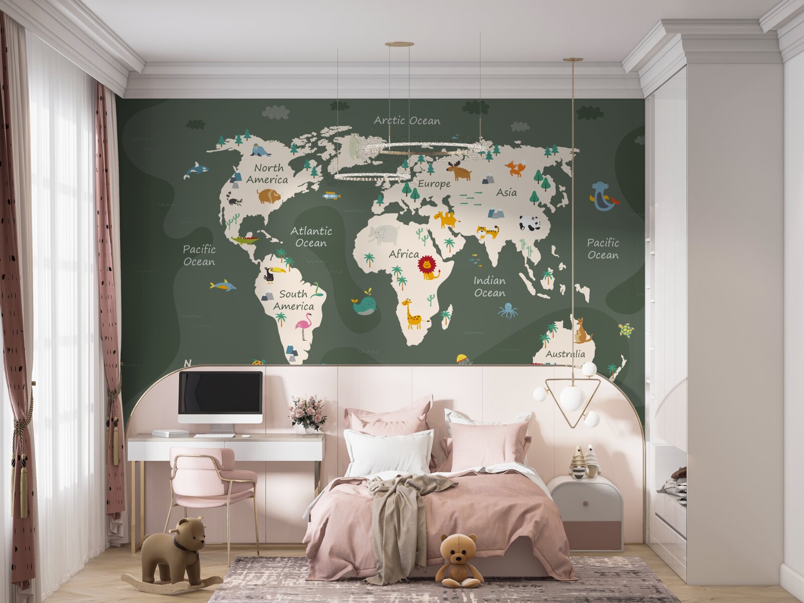 Fototapeta mapa sveta v noci s obrázkami kľúčových zvierat