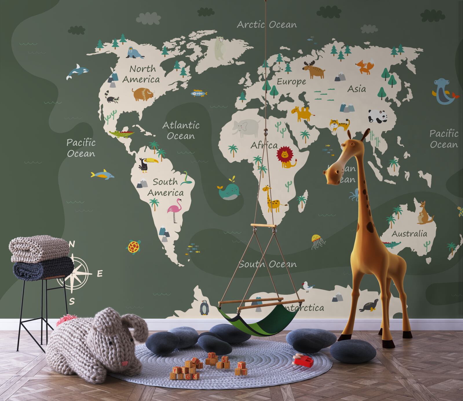 Fototapeta mapa sveta v noci s obrázkami kľúčových zvierat