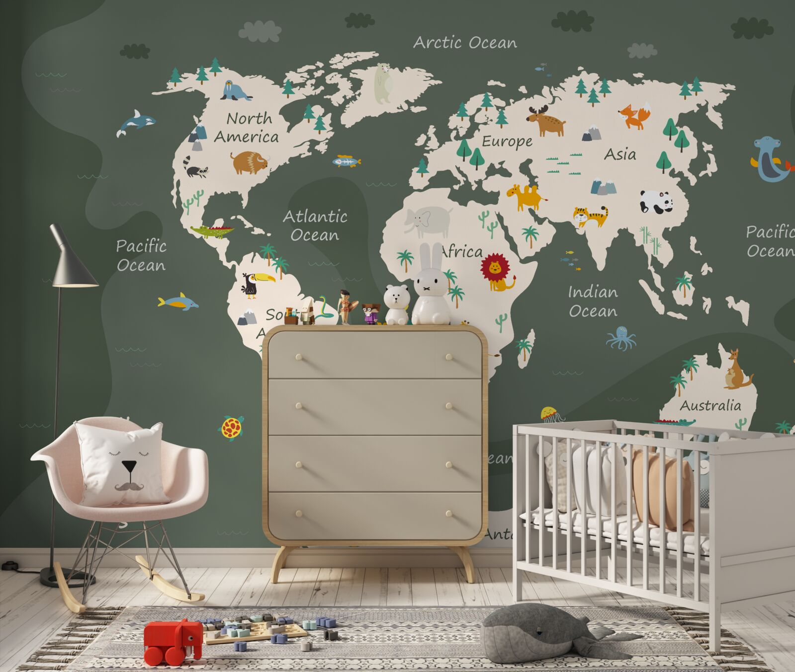 Fototapeta mapa sveta v noci s obrázkami kľúčových zvierat