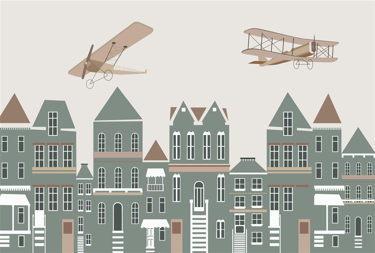 Fototapeta lietadlá sa vznášajú nad domami