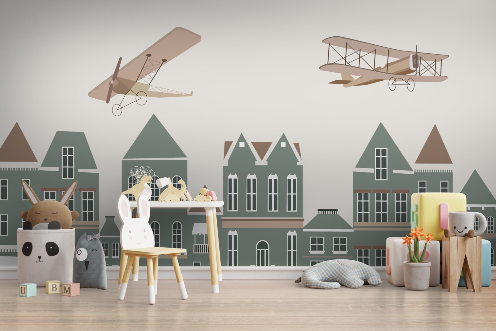 Fototapeta lietadlá sa vznášajú nad domami