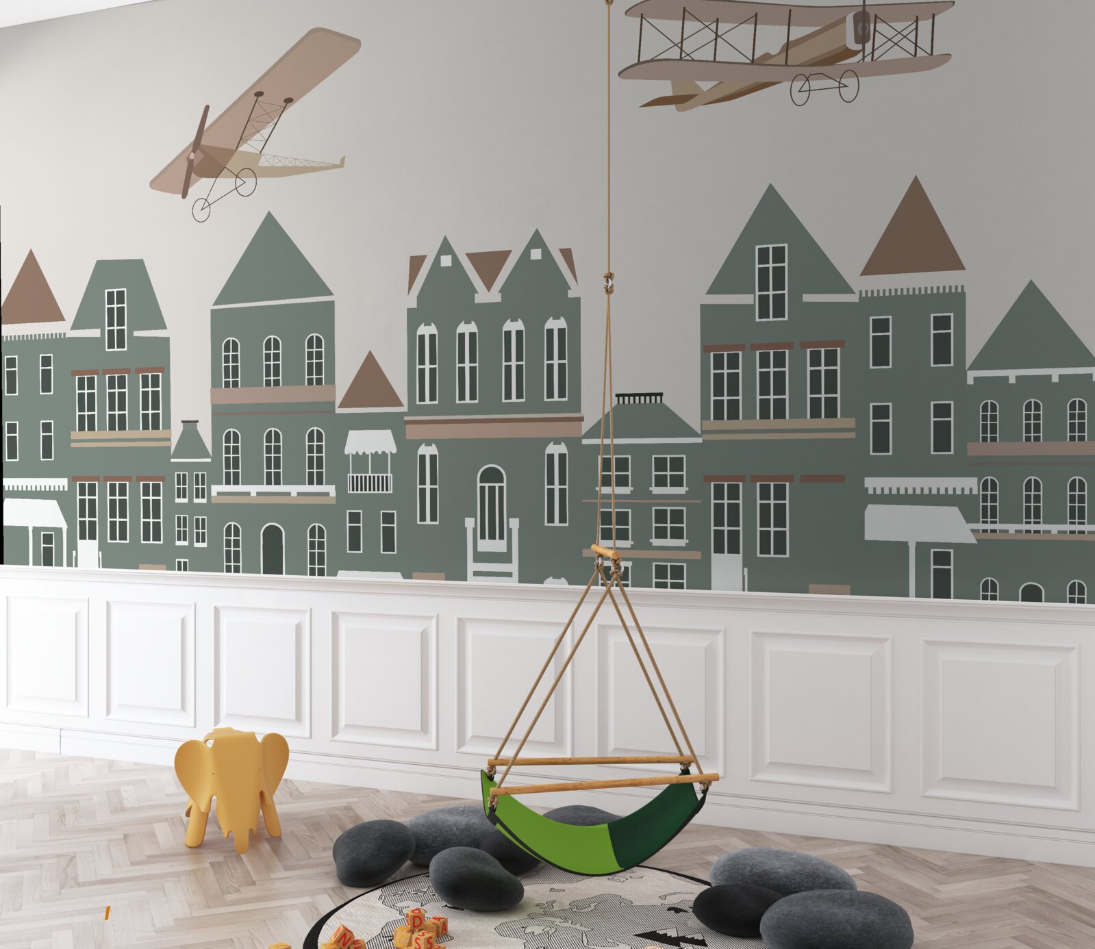 Fototapeta lietadlá sa vznášajú nad domami