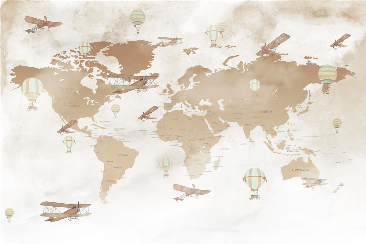 Fototapeta hnedá mapa sveta s vyobrazenými lietadlami