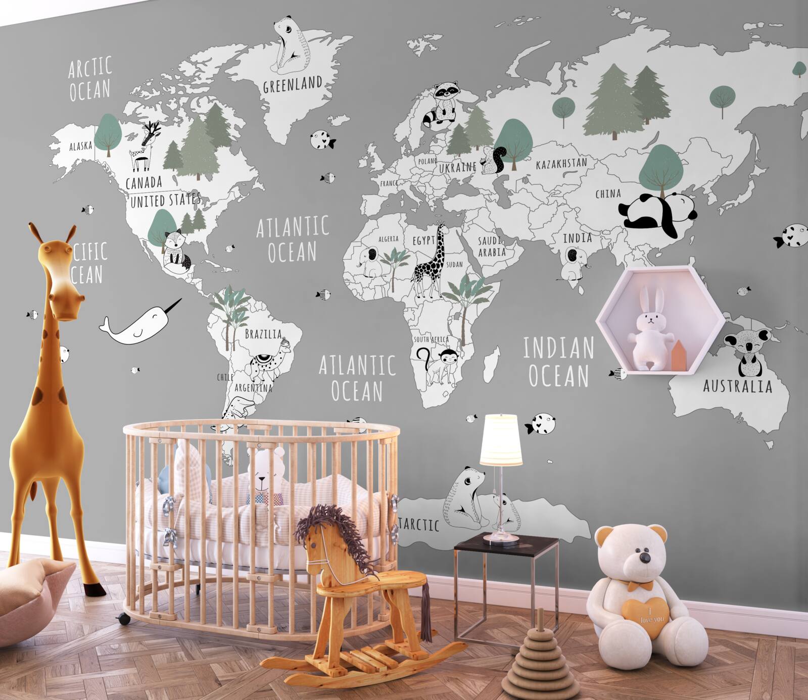 Fototapeta mapa sveta v bielej farbe, zdobená pandami