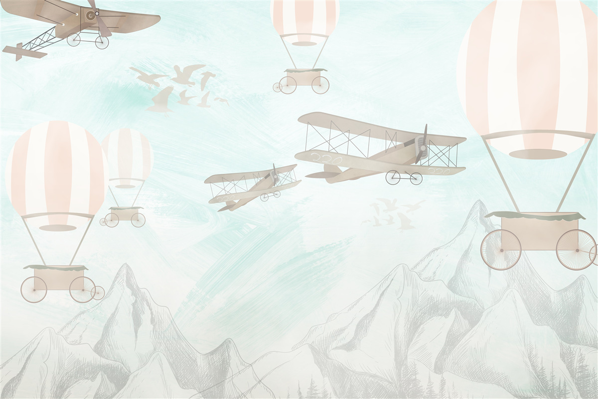 Fototapeta ponad hory lietajú balóny a lietadlá