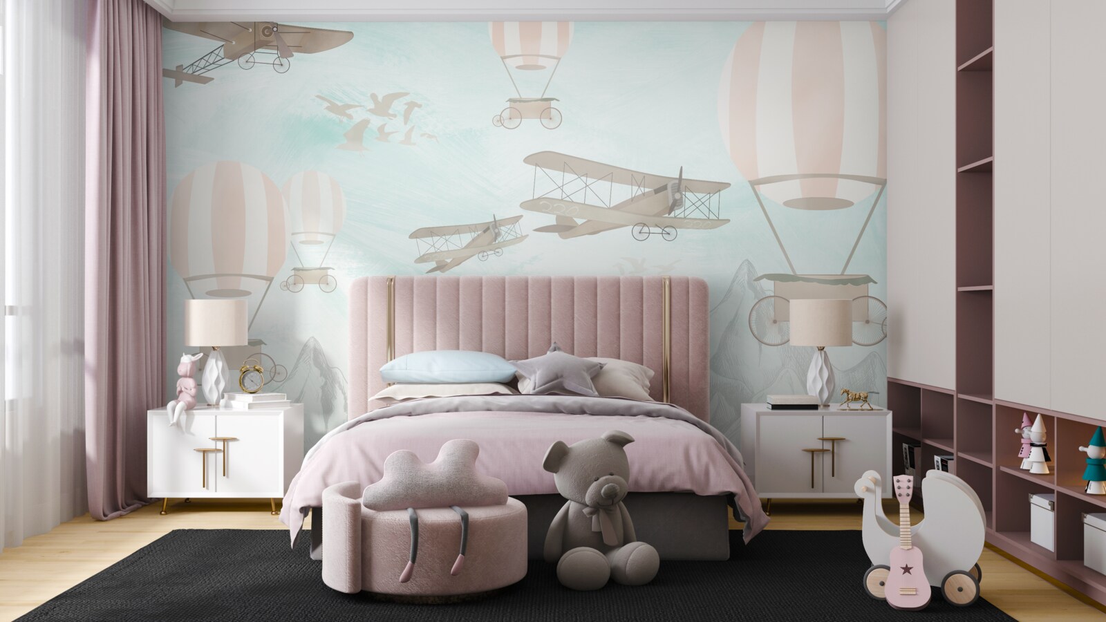 Fototapeta ponad hory lietajú balóny a lietadlá