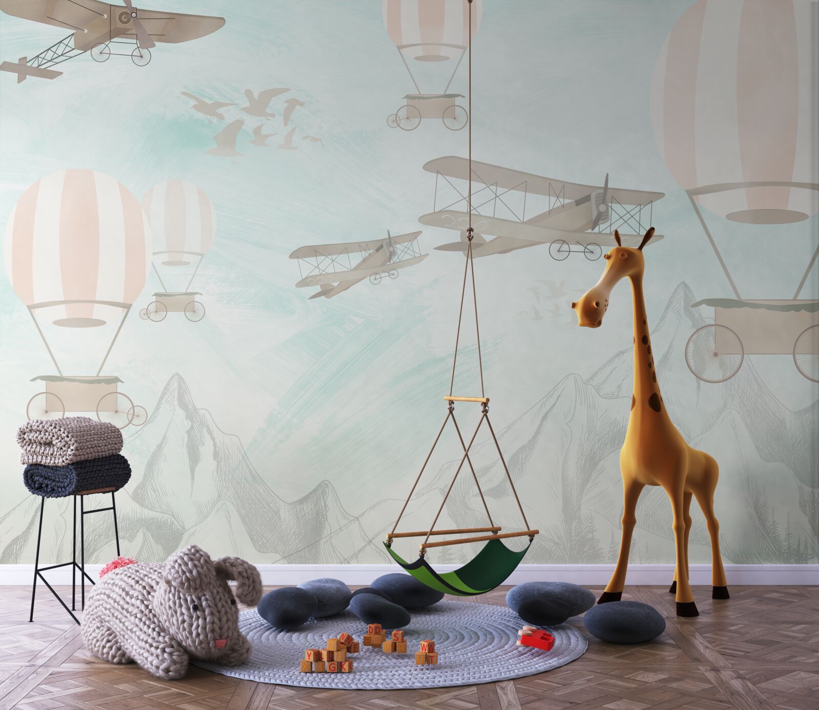 Fototapeta ponad hory lietajú balóny a lietadlá