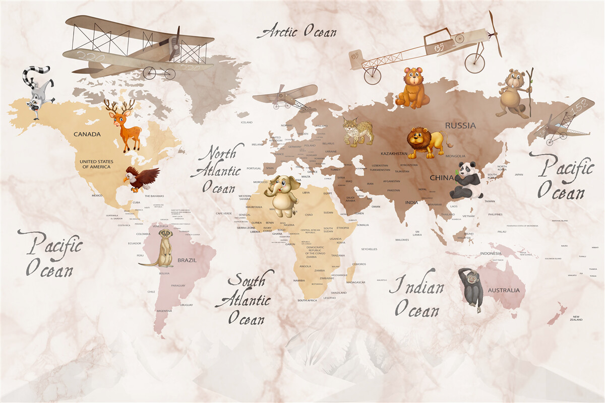 Fototapeta mapa sveta a hlavní obyvatelia kontinentov