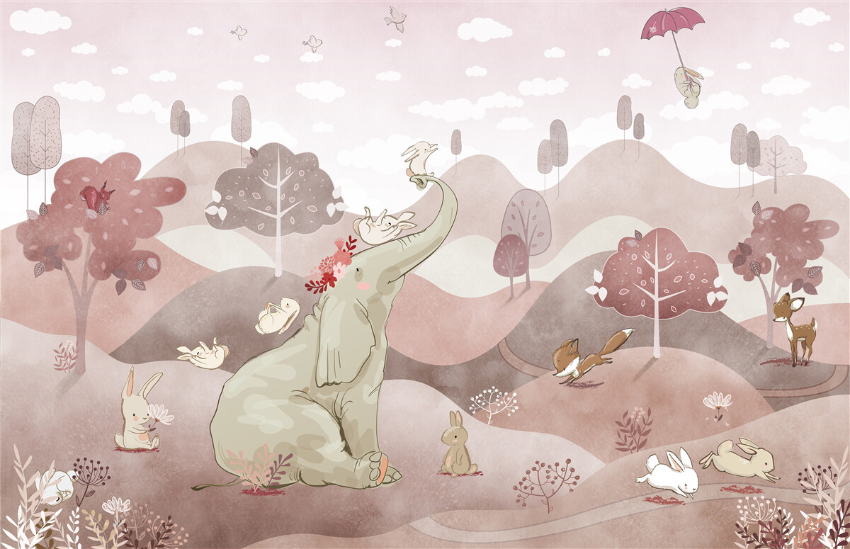 Fototapeta po lúkach sa prechádza malý sloník a zajace