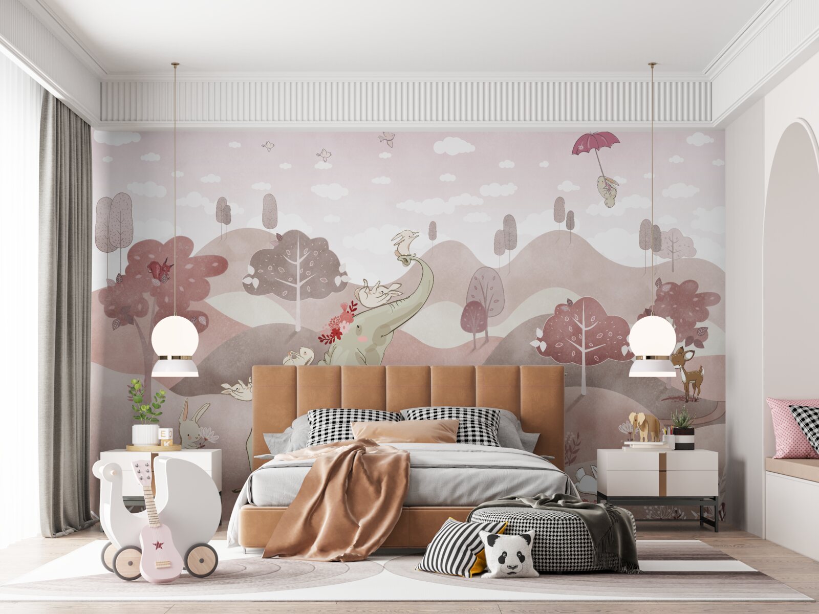 Fototapeta po lúkach sa prechádza malý sloník a zajace