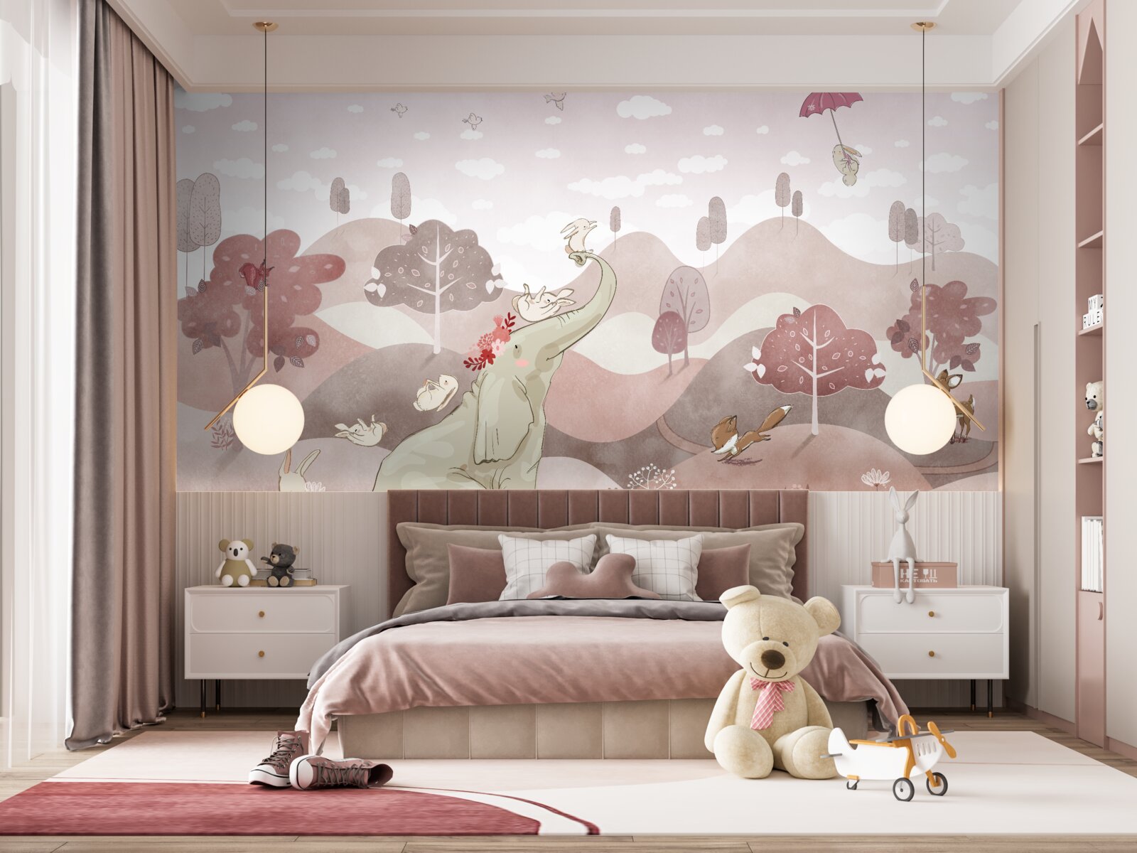 Fototapeta po lúkach sa prechádza malý sloník a zajace