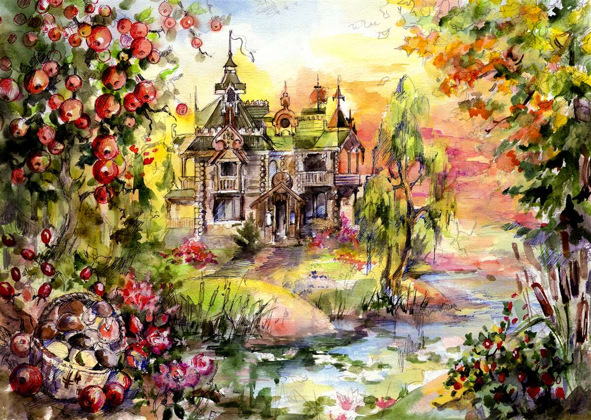 Fototapeta rozprávkový dom na brehu lesnej rieky