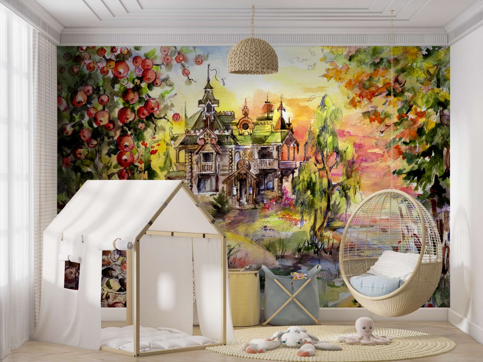 Fototapeta rozprávkový dom na brehu lesnej rieky