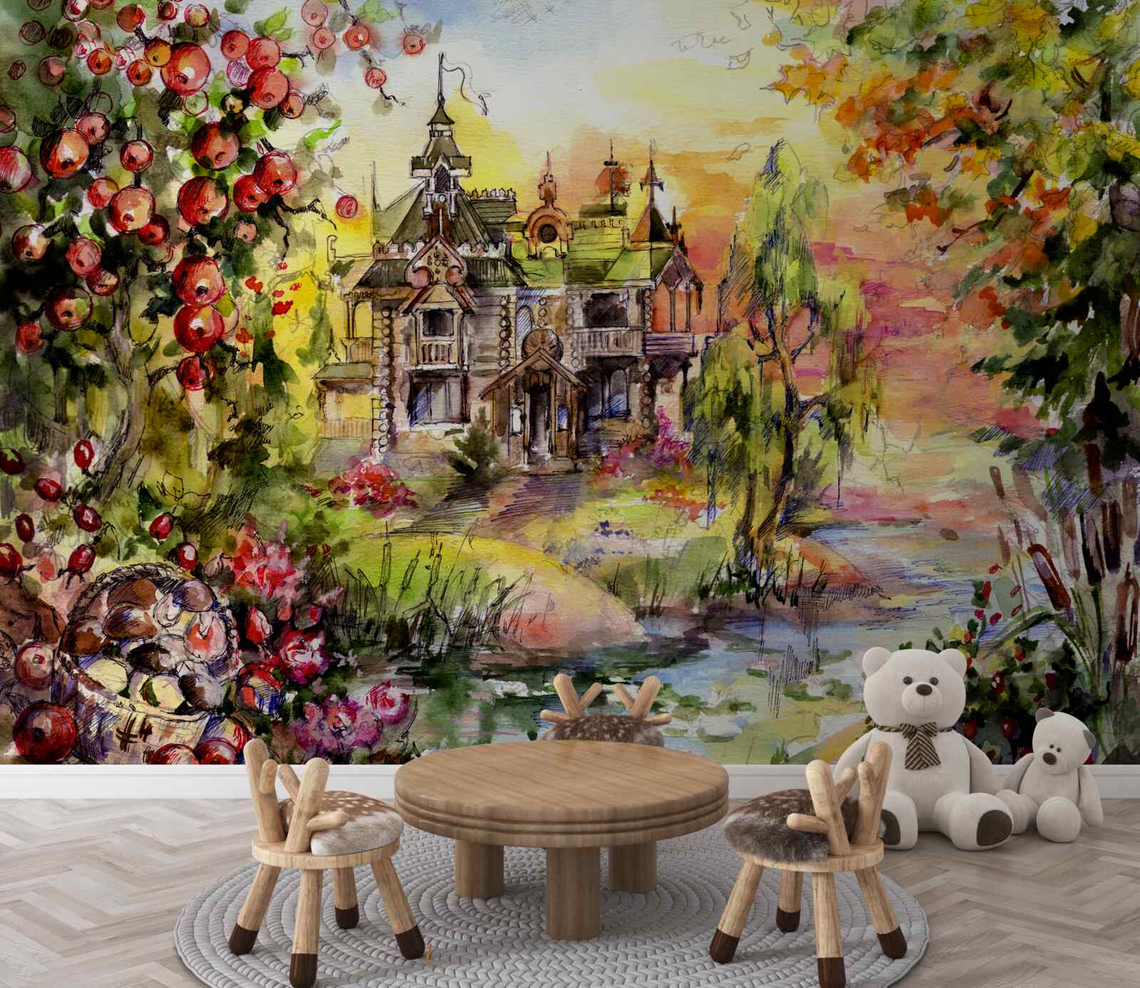 Fototapeta rozprávkový dom na brehu lesnej rieky