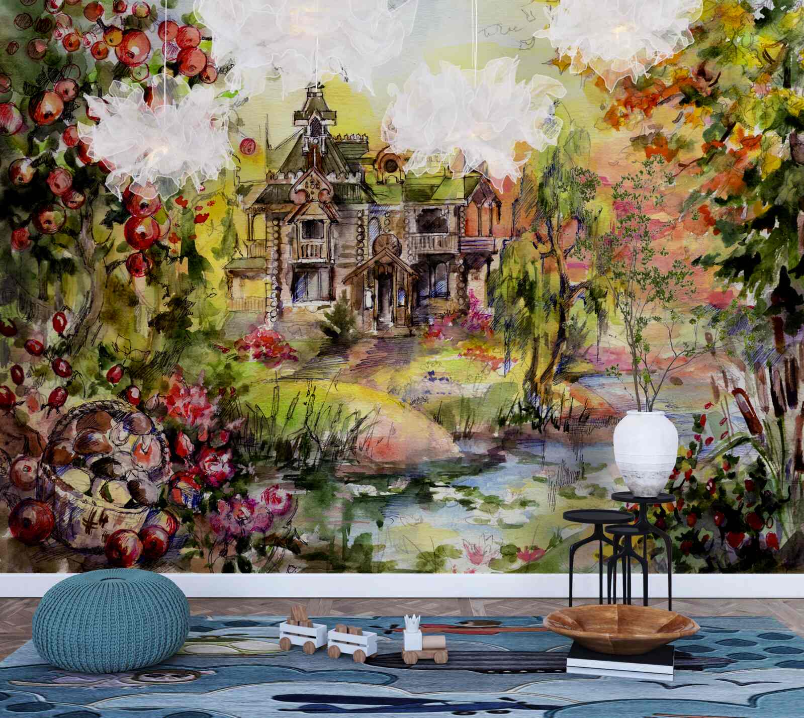 Fototapeta rozprávkový dom na brehu lesnej rieky