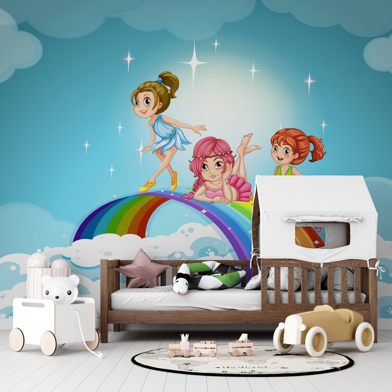 Fototapeta dievčatá medzi oblakmi na dúhu