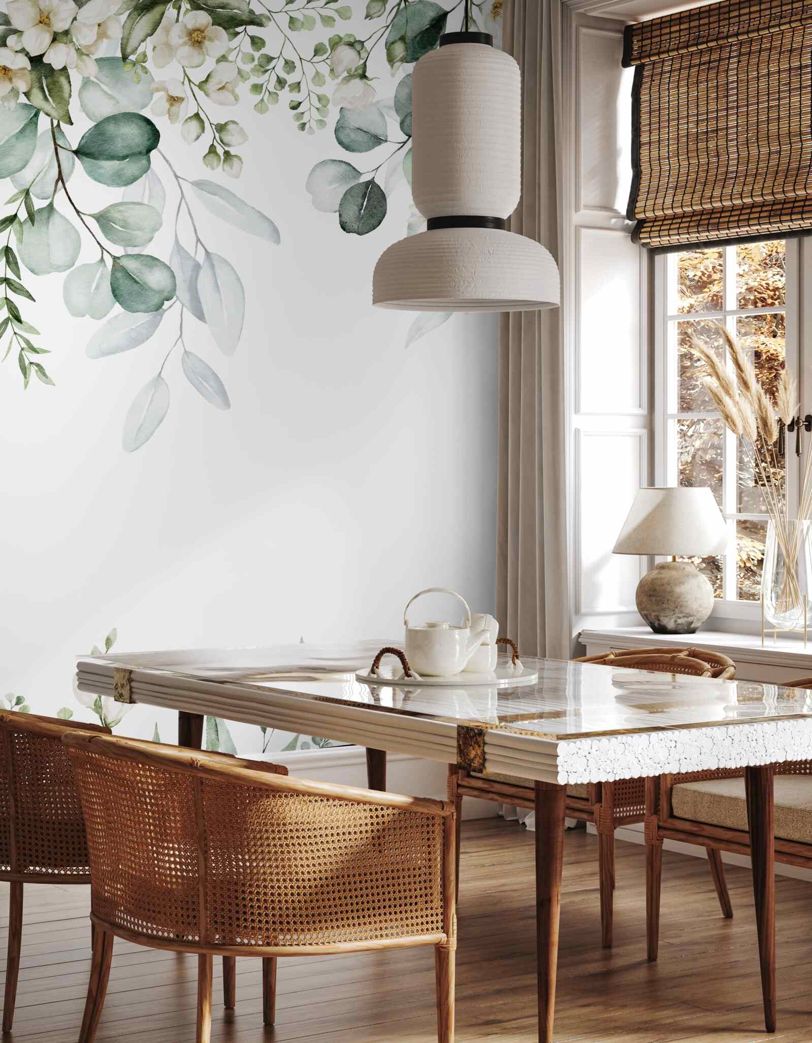 Fototapeta biele kvety a eukalyptus