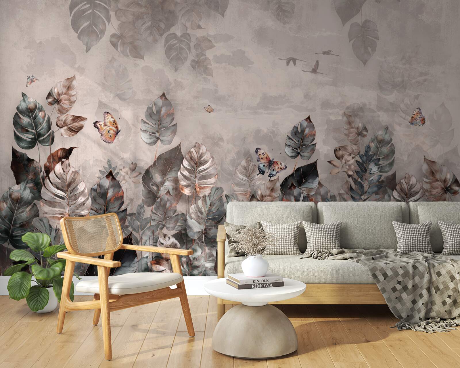 Fototapeta tropické rastliny s motýľmi a vtákmi