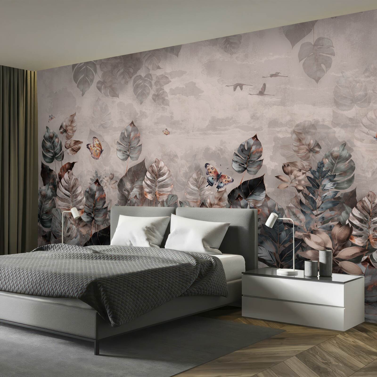 Fototapeta tropické rastliny s motýľmi a vtákmi