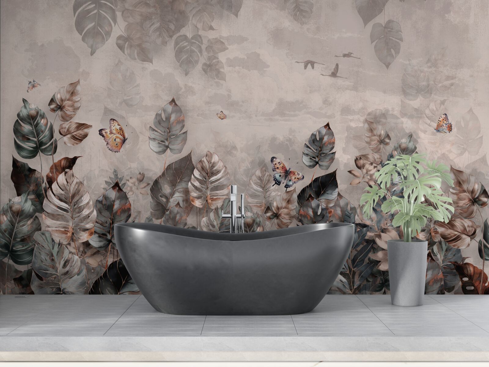 Fototapeta tropické rastliny s motýľmi a vtákmi