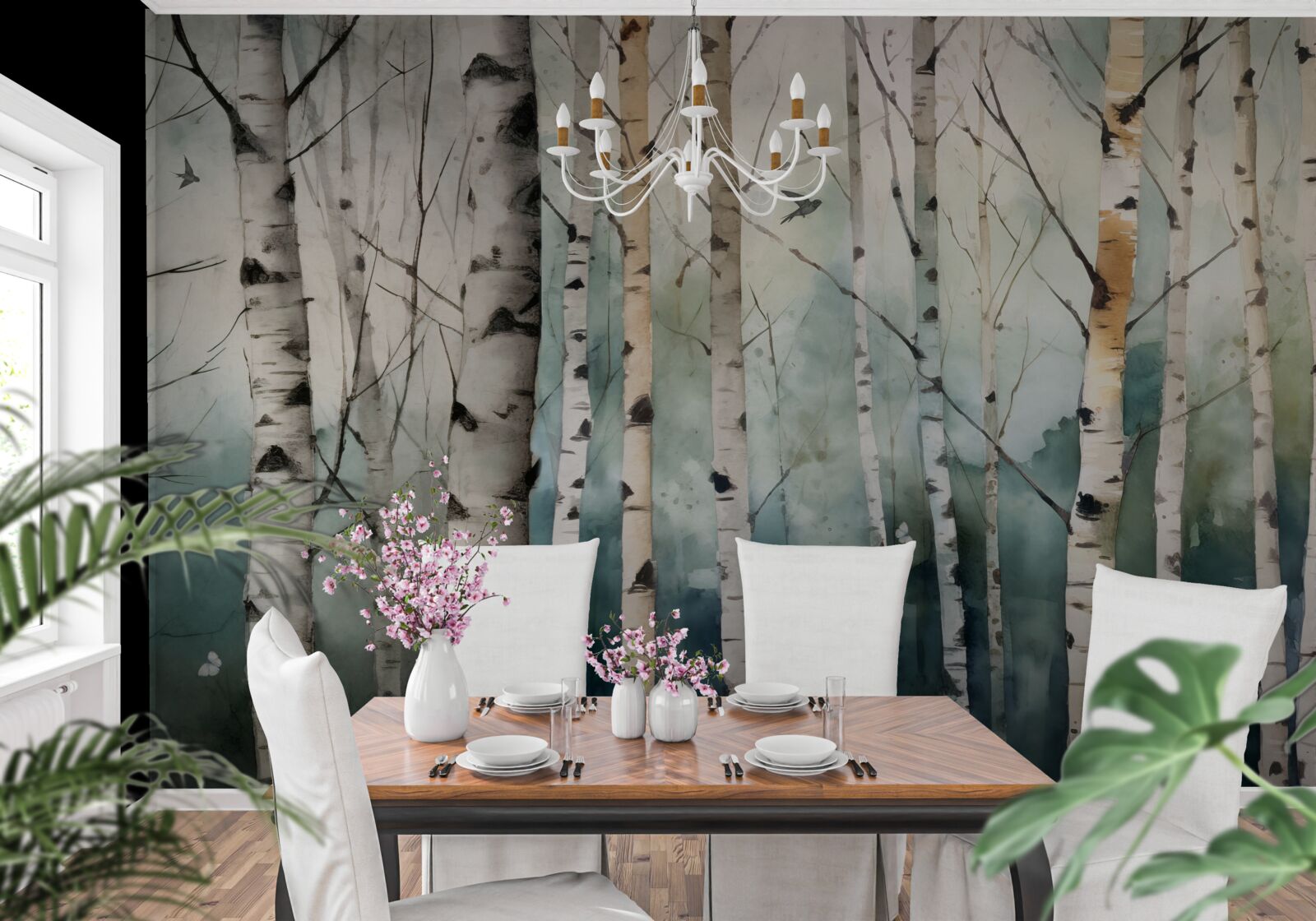 Fototapeta akvarel s vyobrazením štíhleho brezového hája